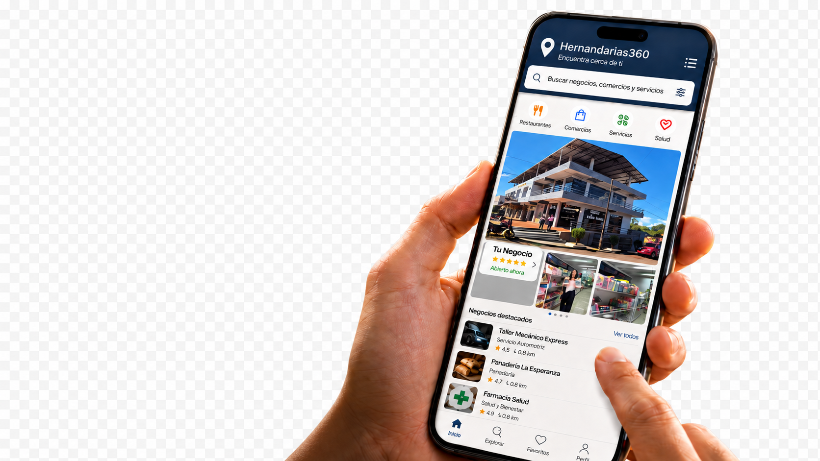 Mockup de celular con la guía local Hernandarias360
